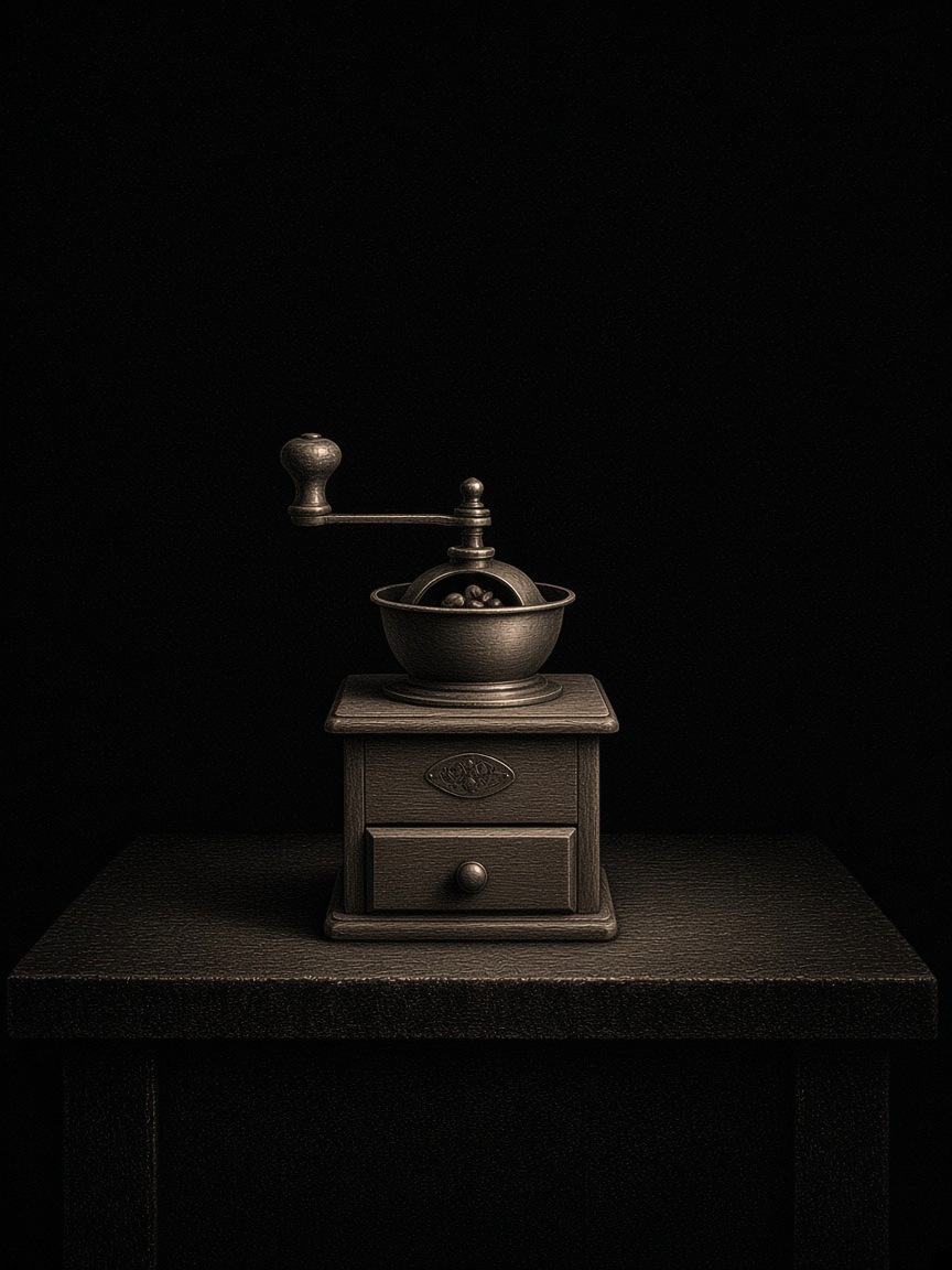 Copperplate coffee mill on a night bench