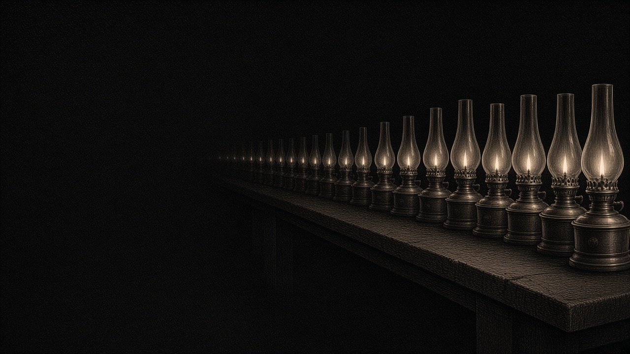 Copperplate row of laboratory lamps on a night bench